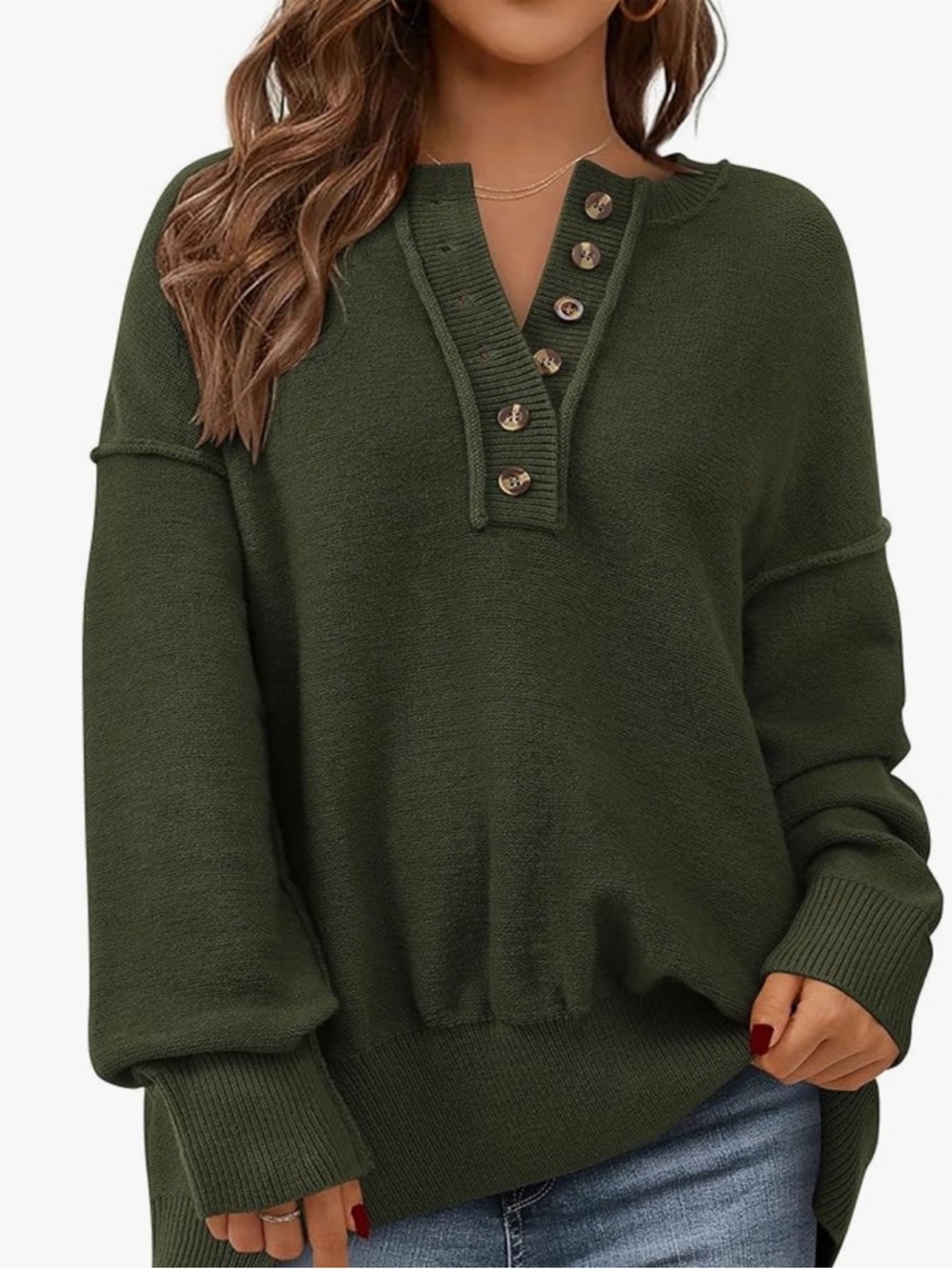 Cozy‎ Olive Henley Button Pullover Sweater